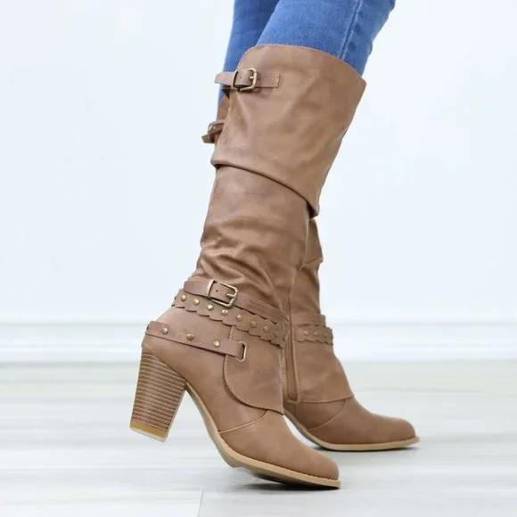 Motorcycle Heeled Boots For Rocker Biker Girls Below The Knee Tan Faux Leather - Picture 4 of 15